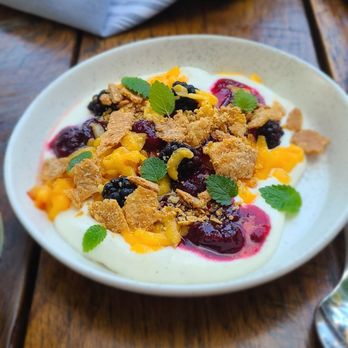 Rhubarb - Peaches and cream dessert - New American Near Me - Asheville, North Carolina