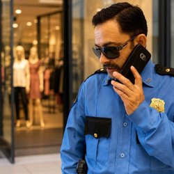 Anz Security - Uniformed ANZ Security guard speaking on a phone while monitoring a Houston property during patrol shift.