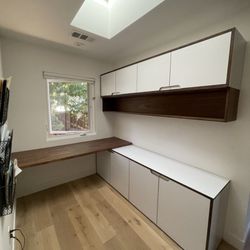 StatusWood - Walnut and white Formica office cabinets