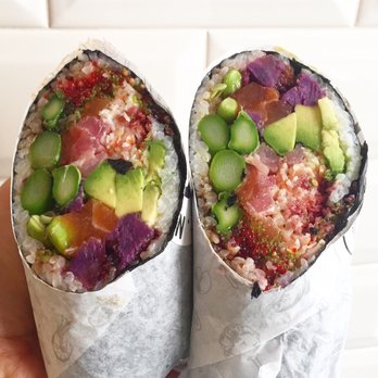 Rolltation - My customs burrito with salmon&tuna,edamame , purple potatoes , asparagus, unagi sauce, avocado, wasabi tobiko, masago, crab&tempura bits! - Sushi Bars Near Me - Toronto, Ontario