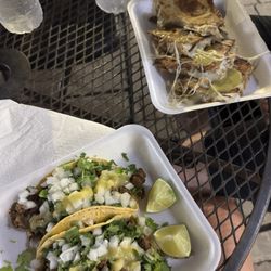 Galveston Island Tacos - Beef tacos and chicken quesadilla with tomatillo sauce!