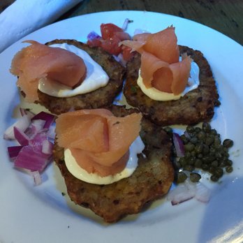 Village Bier Garten - Potato pancakes with smoke salmon - German Near Me - Cocoa, Florida Village Bier Garten - Potato pancakes with smoke salmon - German Near Me - Cocoa, Florida