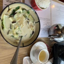 Pho Bowl - My meal!! Curry fish!!!!! With steamed rice & honey ginger tea!