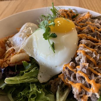 Hideout - Kayla pork rice bowl. Good job on the egg. The kimchee needed more punch. Pork was dry. - Bars Near Me - Honolulu, Hawaii