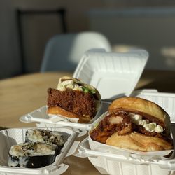 Shootz - Honey Coconut Shrimp Musubi, 2 for $15 Kimchi Butter Katsu Chicken Sandos