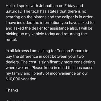 Tucson Subaru - Here is the email of my asking for help to clear up the bill - Auto Repair Near Me - Tucson, Arizona