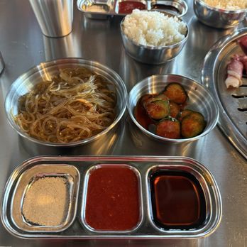 2N1 Korean BBQ - Japchae , pickled cucumbers and the sauces they give you. - Korean Near Me - Vista, California 2N1 Korean BBQ - Japchae , pickled cucumbers and the sauces they give you. - Korean Near Me - Vista, California