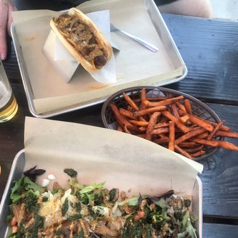 Bangers & Brews - Westside - Sweet Potato Fries, Spicy Italian Sausage and chicken jalapeño salad - German Near Me - Bend, Oregon