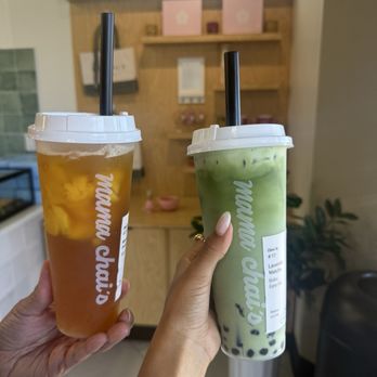 Mama Chai's - Lavender Matcha with boba pearls Mango Passionfruit Oolong - Desserts Near Me - Fullerton, California Mama Chai's - Lavender Matcha with boba pearls Mango Passionfruit Oolong - Desserts Near Me - Fullerton, California