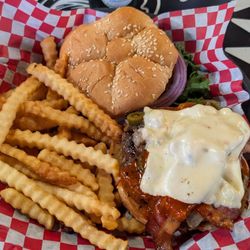 Wayne & Larry's Sports Bar & Grill - The hot and spicy burger and mostly crispy fries!