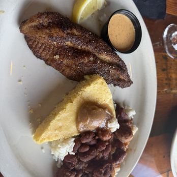 Flying Mango - Cajun Catfish with sides of sweet butter cornbread and red beans and rice. - Barbeque Near Me - Des Moines, Iowa