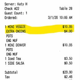 $4 Upcharge to add onions to a MINI-Omelet $4 Upcharge to add onions to a MINI-Omelet