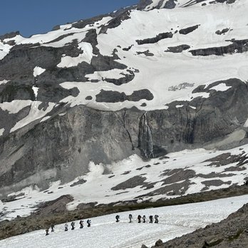Skyline Loop - Mountain Climbers with Waterfall in the background on Mount Rainier - Hiking Near Me