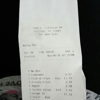 Smokey Bones  - My receipt. I want you to see pricing so you know what to expect. - Barbeque Near Me - Orlando, Florida