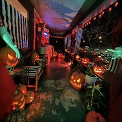 The Beetlejuice House - Nightmare before Christmas characters are on the porch. All the characters come to life @ The Beetlejuice House in Burbank
