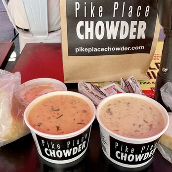 Pike Place Chowder - Seafood Bisque (left) & New England Clam Chowder (right) | IG: @nomwithelaine - Seafood Near Me - Seattle, Washington Pike Place Chowder - Seafood Bisque (left) & New England Clam Chowder (right) | IG: @nomwithelaine - Seafood Near Me - Seattle, Washington