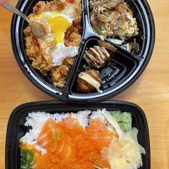 Fugetsu - San Jose - Okonomiyaki Bento (top) and Salmon Sushi Box (bottom) - Teppanyaki Near Me - San Jose, California Fugetsu - San Jose - Okonomiyaki Bento (top) and Salmon Sushi Box (bottom) - Teppanyaki Near Me - San Jose, California