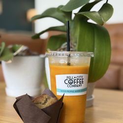 Pell City Coffee - Strawberry/Mango Smoothie. Banana Bread Muffin
