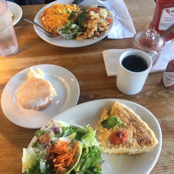Jongewaard's Bake n Broil - Huevos rancheros with potatoes, cream cheese muffin, regular coffee, and the Quiche of The Day with a side salad. - American Near Me - Long Beach, California