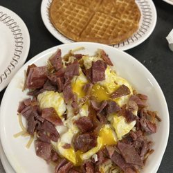 Waffle House - Hash-brown bowl with country ham & eggs over easy. It was delicious! The chef cut the country ham up for me! 3