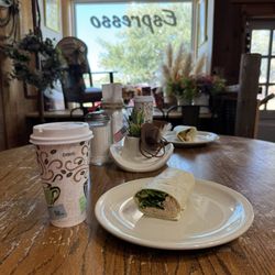 Badlands Barista and Boutique - Latte and chicken salad wrap