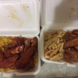 Chicken fried rice with Buffalo wings and fries and chicken wings