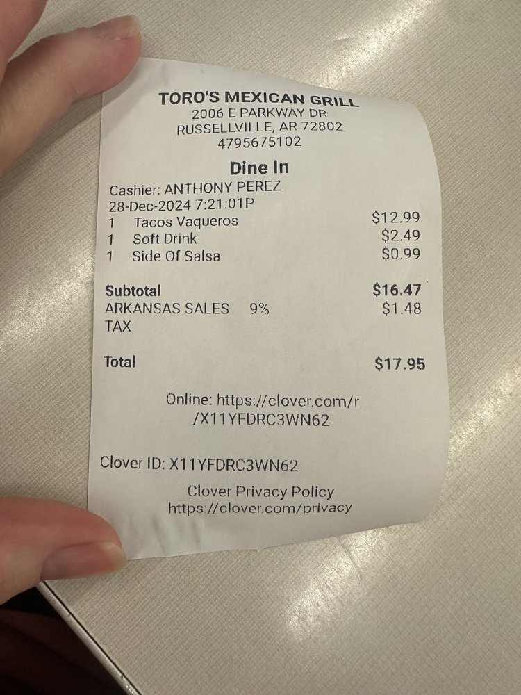 Food from Toro's mexican grill