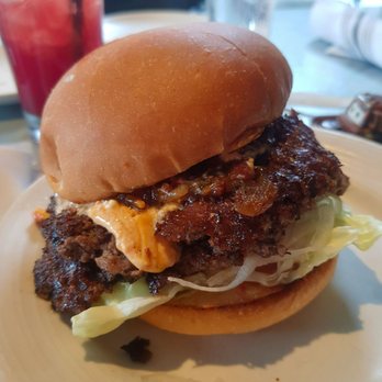 Society Burger - Pim and Jam Burger- $9.5 (pimento cheese, bacon jam, lettuce, & tomato (I added onion because I'm a freeeaaakk!). - Burgers Near Me - Tulsa, Oklahoma