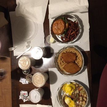 Meme's Healthy Nibbles - Top to bottom: Angus burger w/ sweet potato fries, chicken & waffles, eggs Benedict w/ home fries - Burgers Near Me - Brooklyn, New York Meme's Healthy Nibbles - Top to bottom: Angus burger w/ sweet potato fries, chicken & waffles, eggs Benedict w/ home fries - Burgers Near Me - Brooklyn, New York