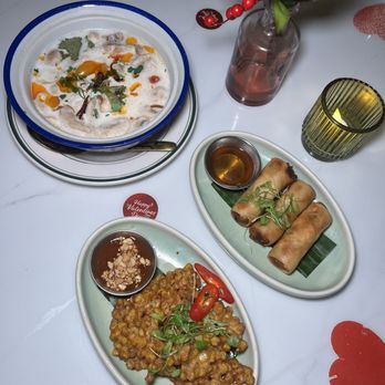 Charoen Krung Thai - Tom Kha White Soup, Spring Roll and Sweet Corn Fritters - Thai Near Me - New York, New York Charoen Krung Thai - Tom Kha White Soup, Spring Roll and Sweet Corn Fritters - Thai Near Me - New York, New York