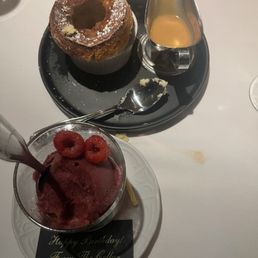 Raspberry sorbet and salted caramel soufflé