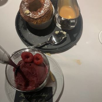 The Cellar Restaurant - Raspberry sorbet and salted caramel soufflé - French Near Me - Fullerton, California