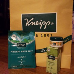 Kniepp - Travel-size eucalyptus bath salts (really clears the sinuses), Body oil w/ a light Citrus scent, & cute tub of foot butter (complimentary)!