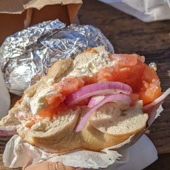 Utopia Bagels - Raisin bagel cream cheese, tomato, lox, red onion - Bakeries Near Me - Whitestone, New York Utopia Bagels - Raisin bagel cream cheese, tomato, lox, red onion - Bakeries Near Me - Whitestone, New York