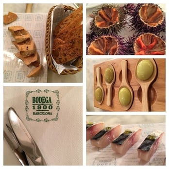 Bodega 1900 - Grilled foie gras, fresh uni, gel "olives", and mackerel sashimi - Tapas/Small Plates Near Me - Barcelona, B Bodega 1900 - Grilled foie gras, fresh uni, gel "olives", and mackerel sashimi - Tapas/Small Plates Near Me - Barcelona, B