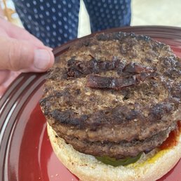 Grandfather Burger with cheese and bacon. What a joke! Get your magnifying glass out for the bacon. Grandfather Burger with cheese and bacon. What a joke! Get your magnifying glass out for the bacon.
