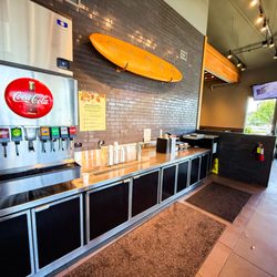 Shake Shack Marin Country Mart - Inside, soda fountain machine and condiment counter.