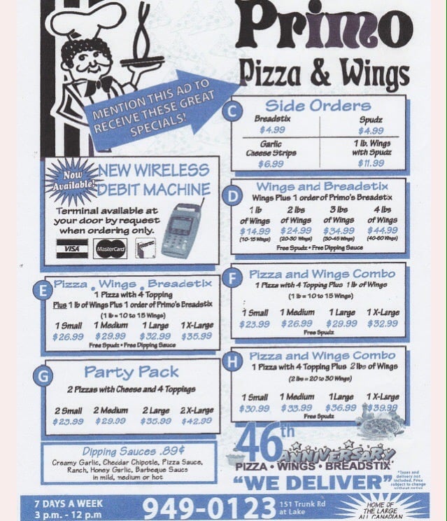 PRIMO PIZZA & WINGS 151 Trunk Rd, Sault Ste Marie, Ontario, Canada