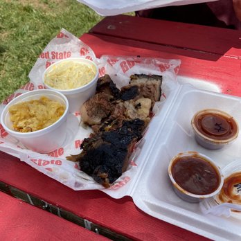 Red State BBQ - Two meat platter with double order of double smoked brisket with corn pudding and Mac n cheese. - Barbeque Near Me - Lexington, Kentucky Red State BBQ - Two meat platter with double order of double smoked brisket with corn pudding and Mac n cheese. - Barbeque Near Me - Lexington, Kentucky