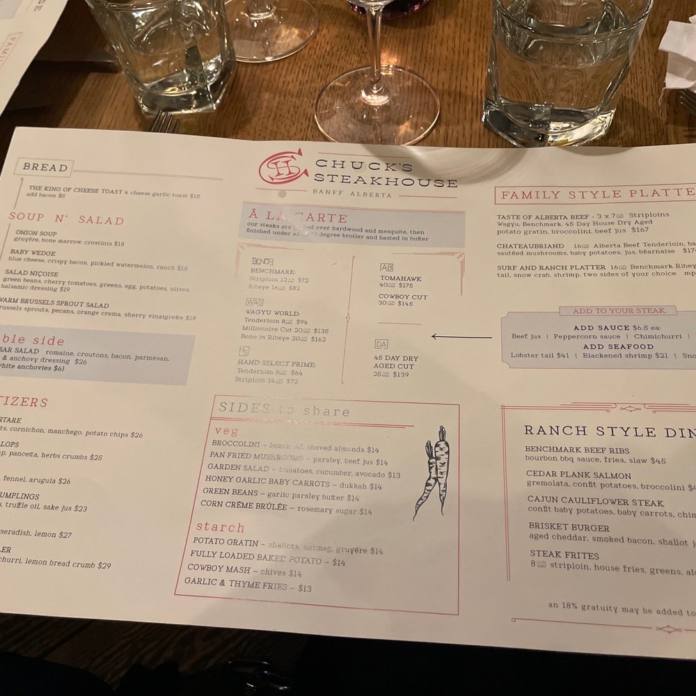 Chuck's Steakhouse - Menu 12/29/22 - Steakhouses Near Me - Banff, Alberta Chuck's Steakhouse - Menu 12/29/22 - Steakhouses Near Me - Banff, Alberta