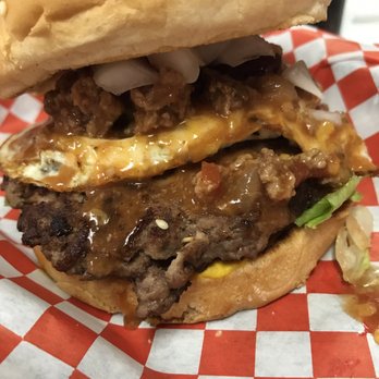 Hi-Mountain - My Aussie burger augmented with their chili and some fresh chopped onions. Be still by beating heart. Literally. - Burgers Near Me - Kamas, Utah Hi-Mountain - My Aussie burger augmented with their chili and some fresh chopped onions. Be still by beating heart. Literally. - Burgers Near Me - Kamas, Utah