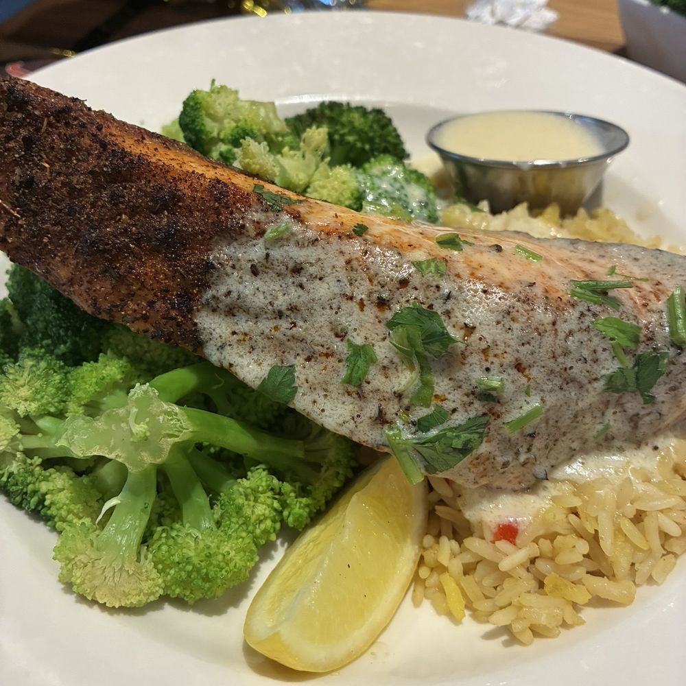 BJ's Restaurant & Brewhouse - Blackened salmon fillet with rice and brocolli - Pizza Near Me - Cerritos, California BJ's Restaurant & Brewhouse - Blackened salmon fillet with rice and brocolli - Pizza Near Me - Cerritos, California