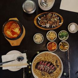 Steak daine pasta , soft tofu stew w/ beef , galbi