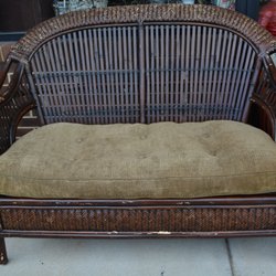 The Copper Poppy - Great for a covered porch! Older Pier 1 Bamboo/rattan loveseat.