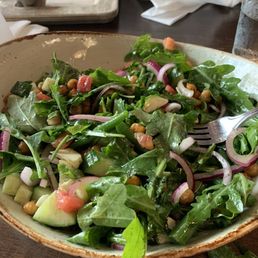Crudo bowl. $18Crunchy chickpeas, cucumber, onion, bocconcini, tons of arugula. (It was meh)