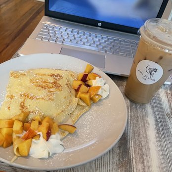 The Polo Grounds Cafe - Iced latte and peach crepe - Bagels Near Me - Aiken, South Carolina The Polo Grounds Cafe - Iced latte and peach crepe - Bagels Near Me - Aiken, South Carolina