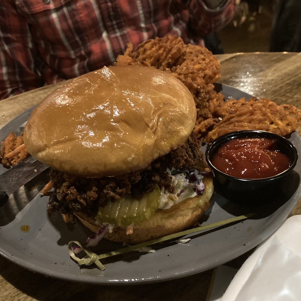 More Brewing - Nashville Hot Fried Chicken sandwich with sweet potato waffle fries. - Breweries Near Me - Huntley, Illinois More Brewing - Nashville Hot Fried Chicken sandwich with sweet potato waffle fries. - Breweries Near Me - Huntley, Illinois