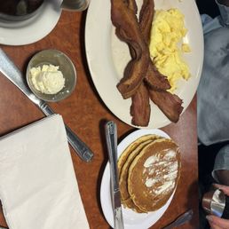 Scrambled Eggs, Bacon and Pancakes