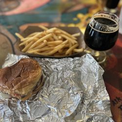 Hogwaller Brewing - Junk Burger Jr., fries and a chocolate lager