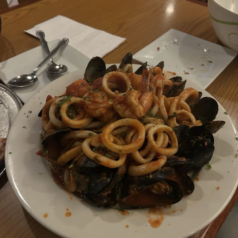 Seafood pasta with spicy marinara (sub for red clam sauce) AWESOME Seafood pasta with spicy marinara (sub for red clam sauce) AWESOME